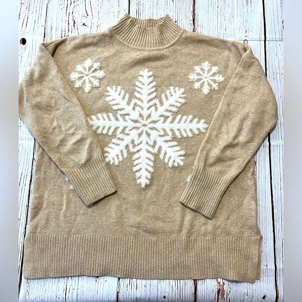 Snowflake Turtleneck Sweater Beachside Khaki Heather Sz L EUC Loft